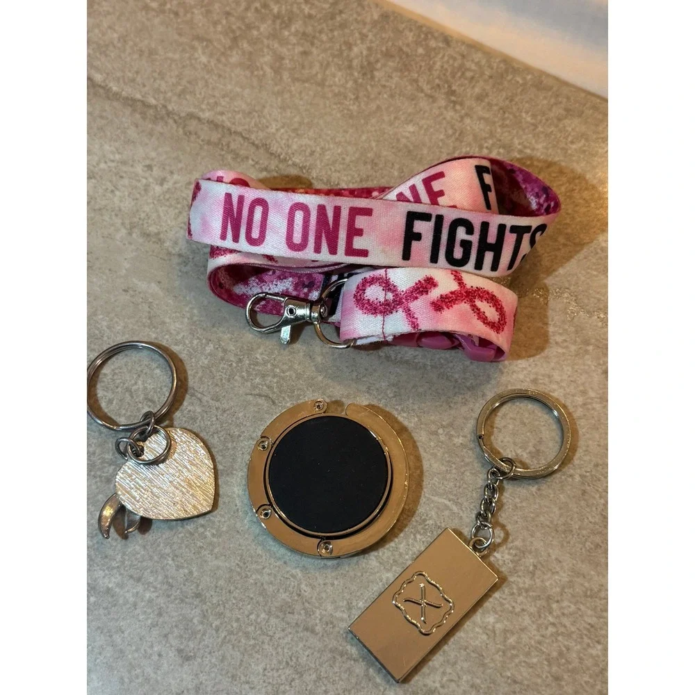 Breast Cancer Awareness Bundle Lanyard Purse Hanger and Keychains Pink Ribbon